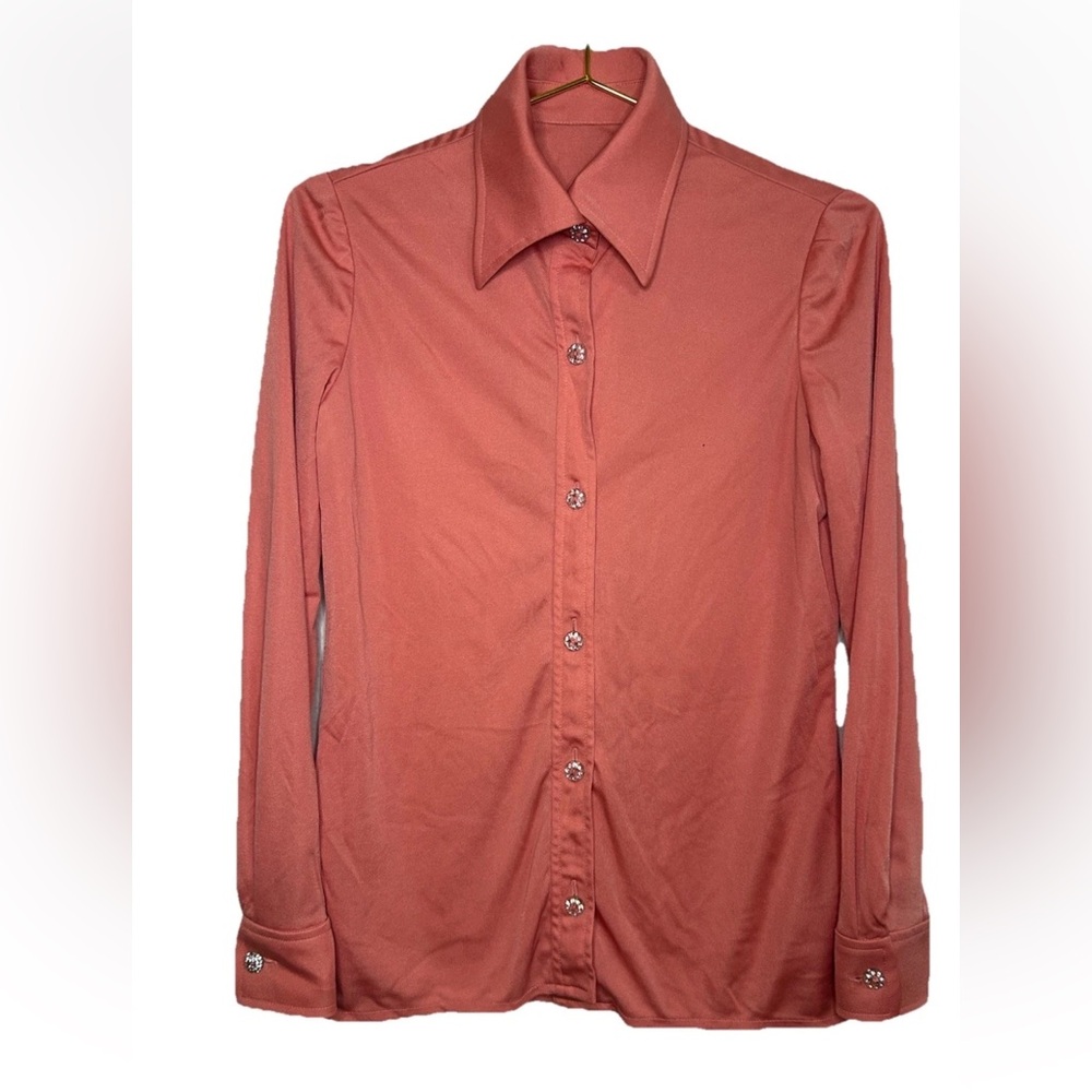 VTG 70s Salmon Pink LS Button Up Shirt Rhinestone Buttons Oversized Collar XS/S